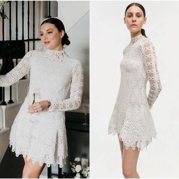 NWT Jonathan Simkhai Joy White Guipure Lace Long Sleeve Tiered Mini Dress size 8 - Picture 1 of 12